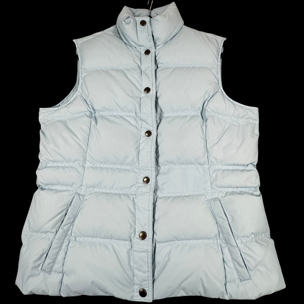 Lands' End Down Puffer Vest Womens M 10-12 Light Blue Quilted Snap Front Granola